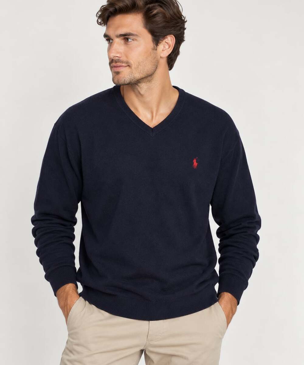 Polo Ralph Lauren Mens Navy Blue Pima Cotton V-Neck Sweater XXL